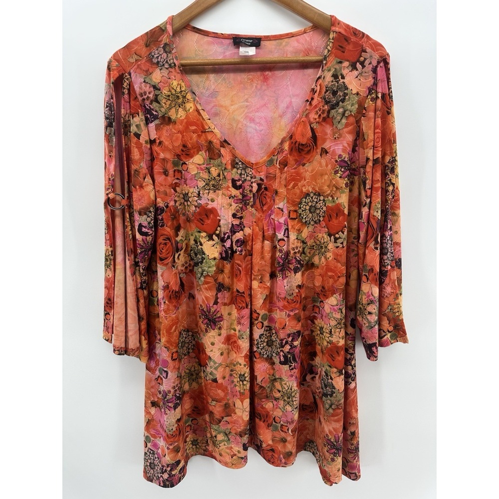 Cocomo Womens Floral Top L Orange Pink Boho Resort Coastal Peasant Blouse EE50